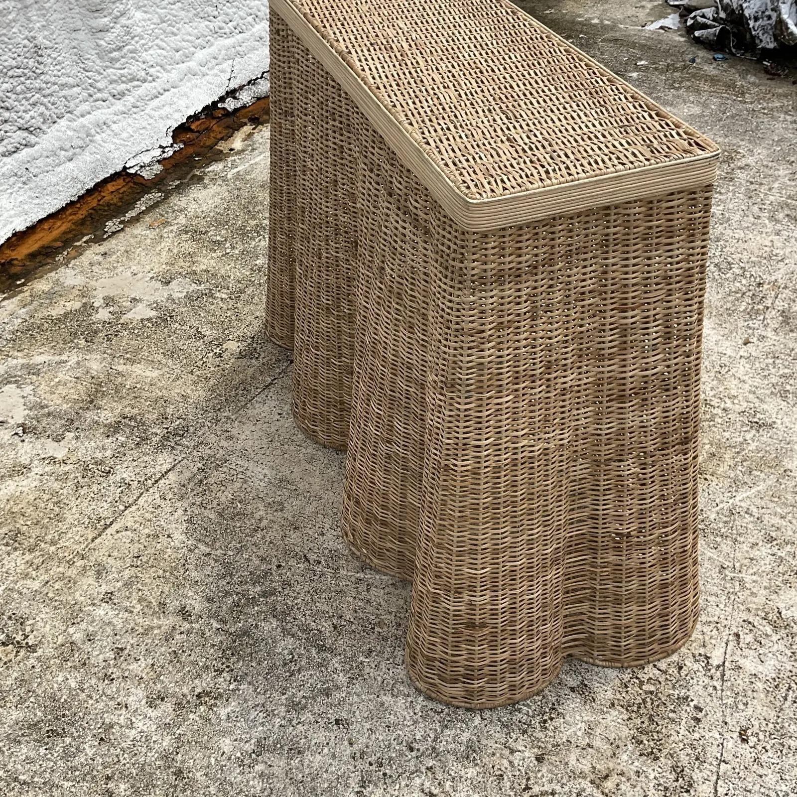 Philippine Vintage Boho Woven Rattan Ruffle Console Table