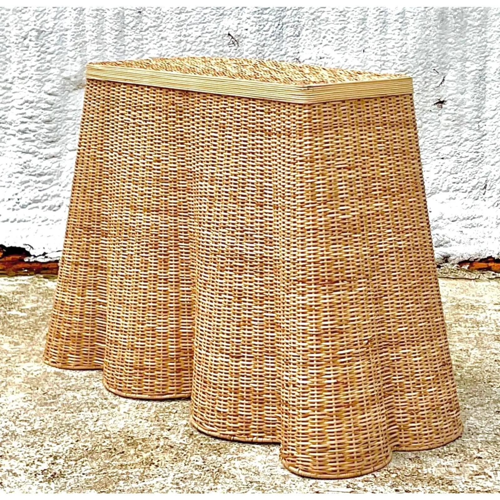 20th Century Vintage Boho Woven Rattan Ruffle Console Table