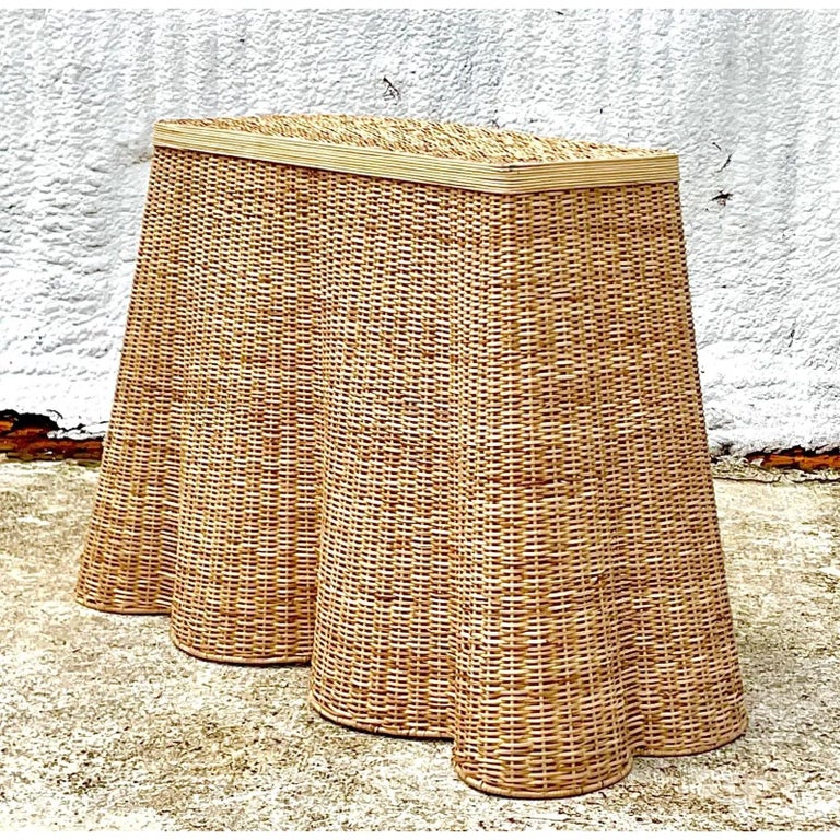 Vintage Boho Woven Rattan Ruffle Console Table at 1stDibs