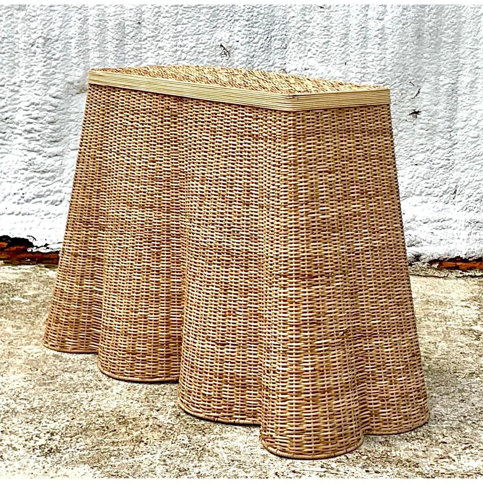 Vintage Boho Woven Rattan Ruffle Console Table 2
