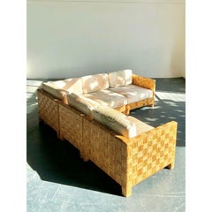 Vintage Boho Woven Rattan Sectional Sofa