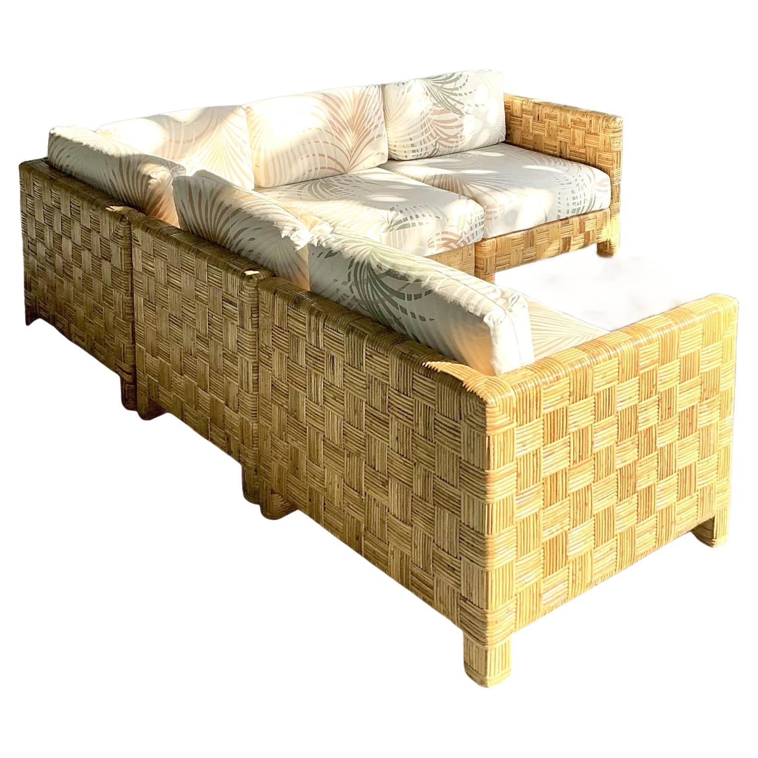Vintage Boho Woven Rattan Sectional Sofa For Sale