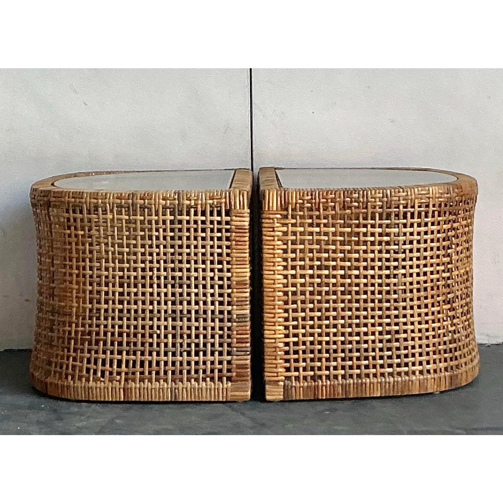 Philippine Vintage Boho Woven Rattan Side Tables - Set of 2 For Sale
