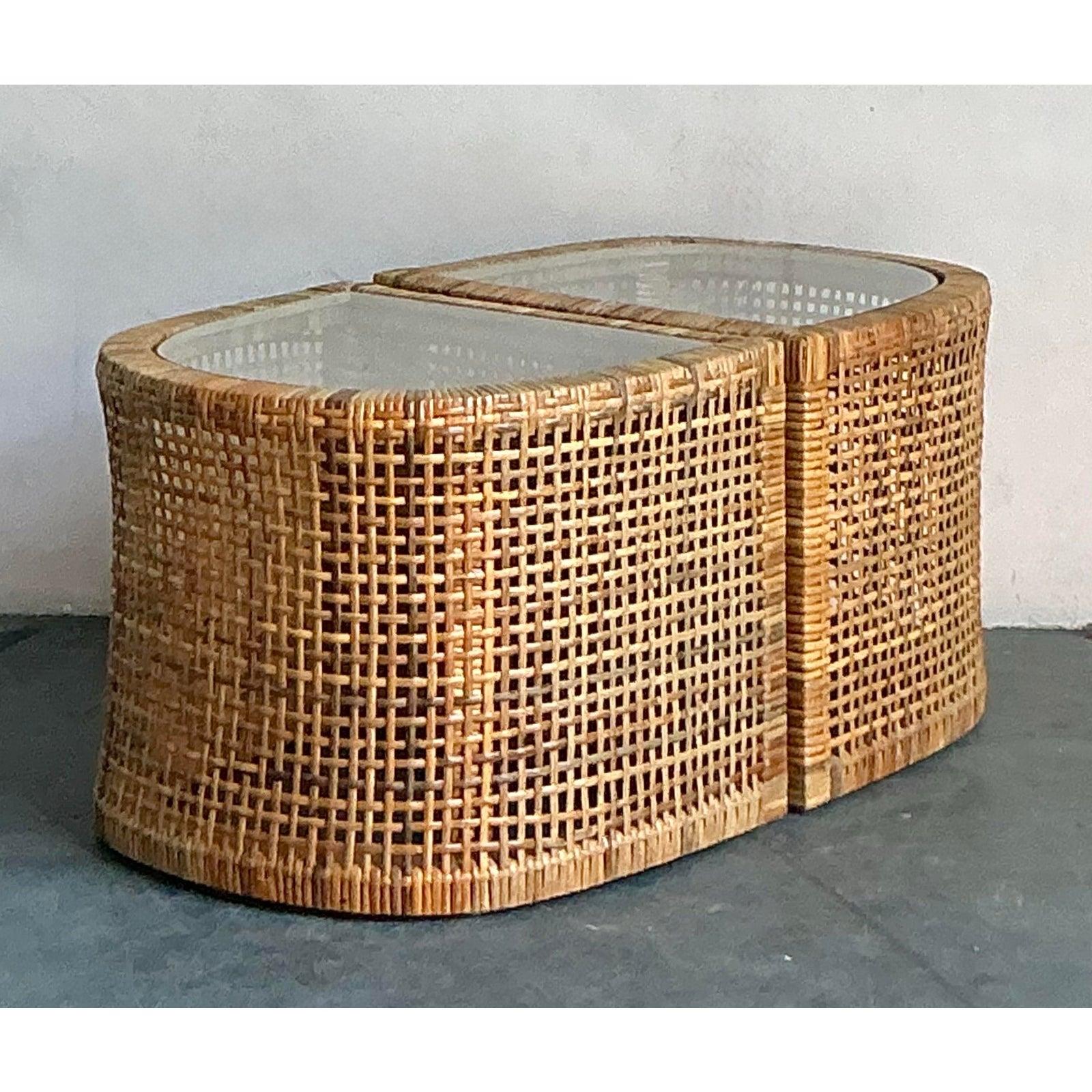 Vintage Boho Woven Rattan Side Tables - Set of 2 In Good Condition For Sale In West Palm Beach, FL