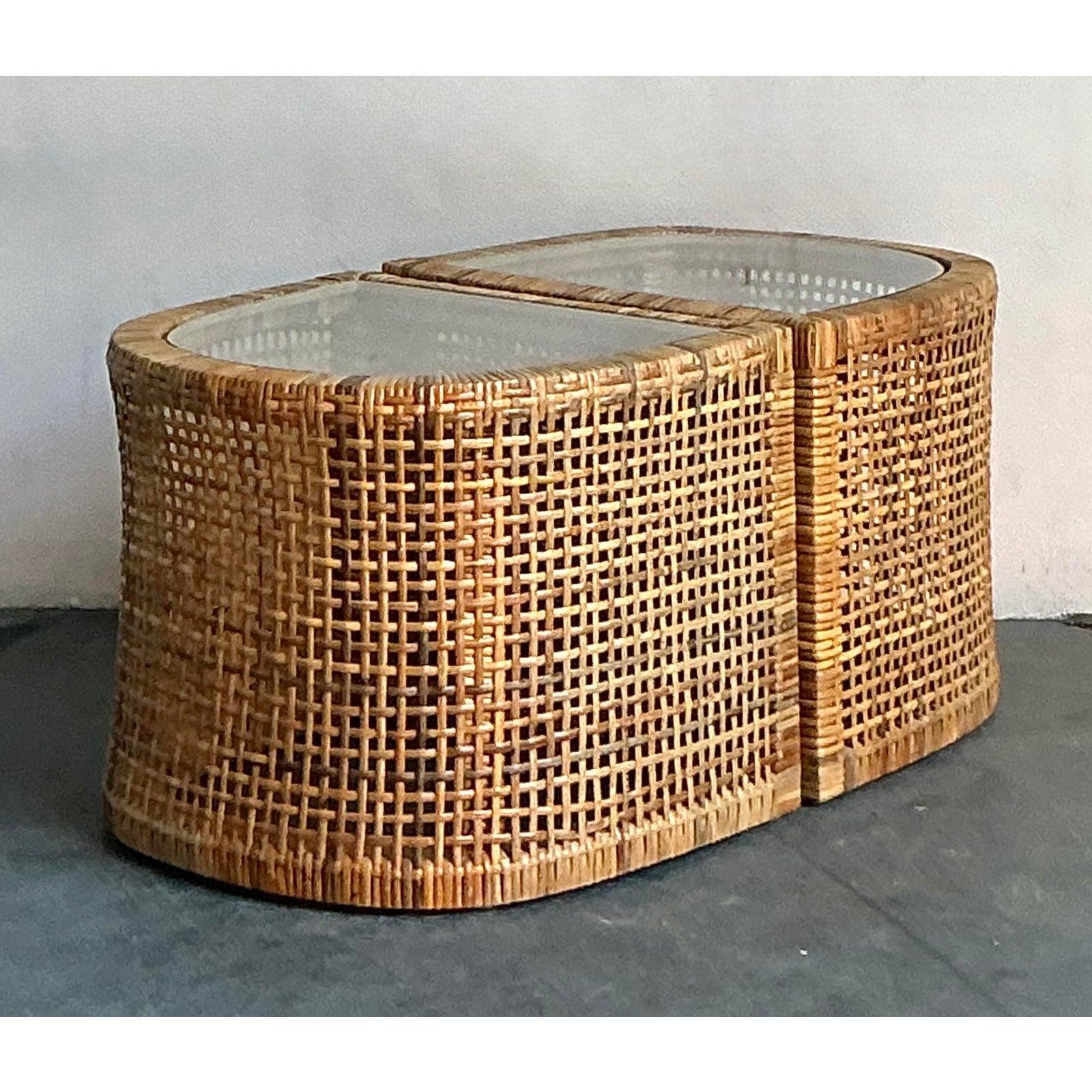 Vintage Boho Woven Rattan Side Tables - Set of 2 For Sale 1