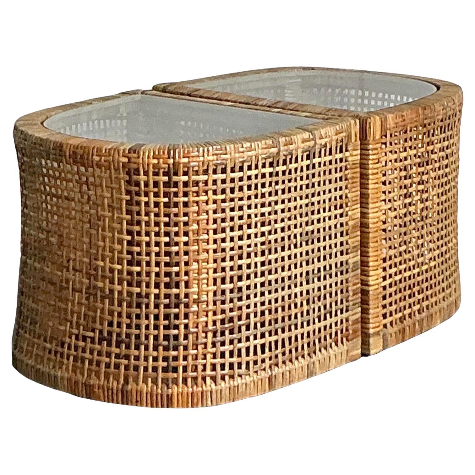 Vintage Boho Woven Rattan Side Tables - Set of 2