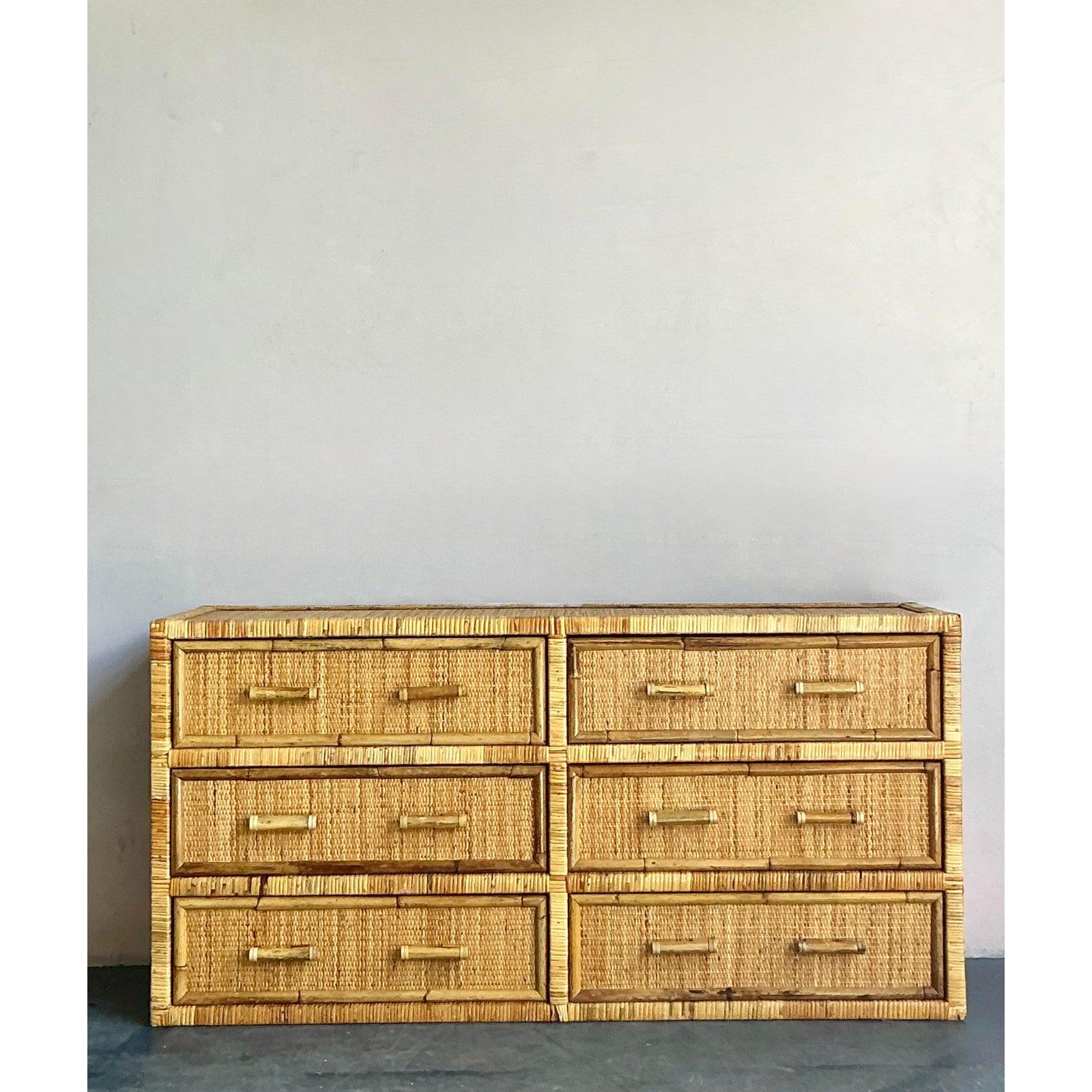 Philippine Vintage Boho Woven Rattan Six Drawer Dresser For Sale