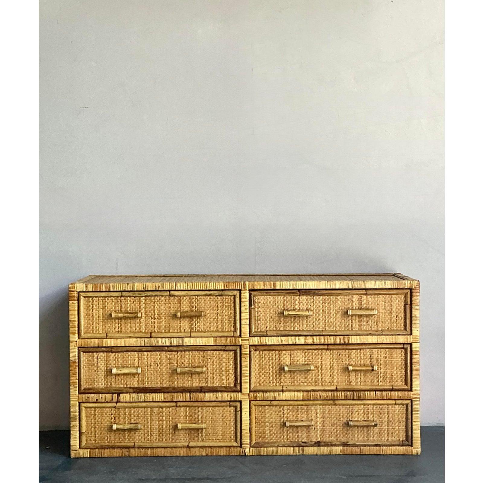Vintage Boho Woven Rattan Six Drawer Dresser In Good Condition For Sale In West Palm Beach, FL