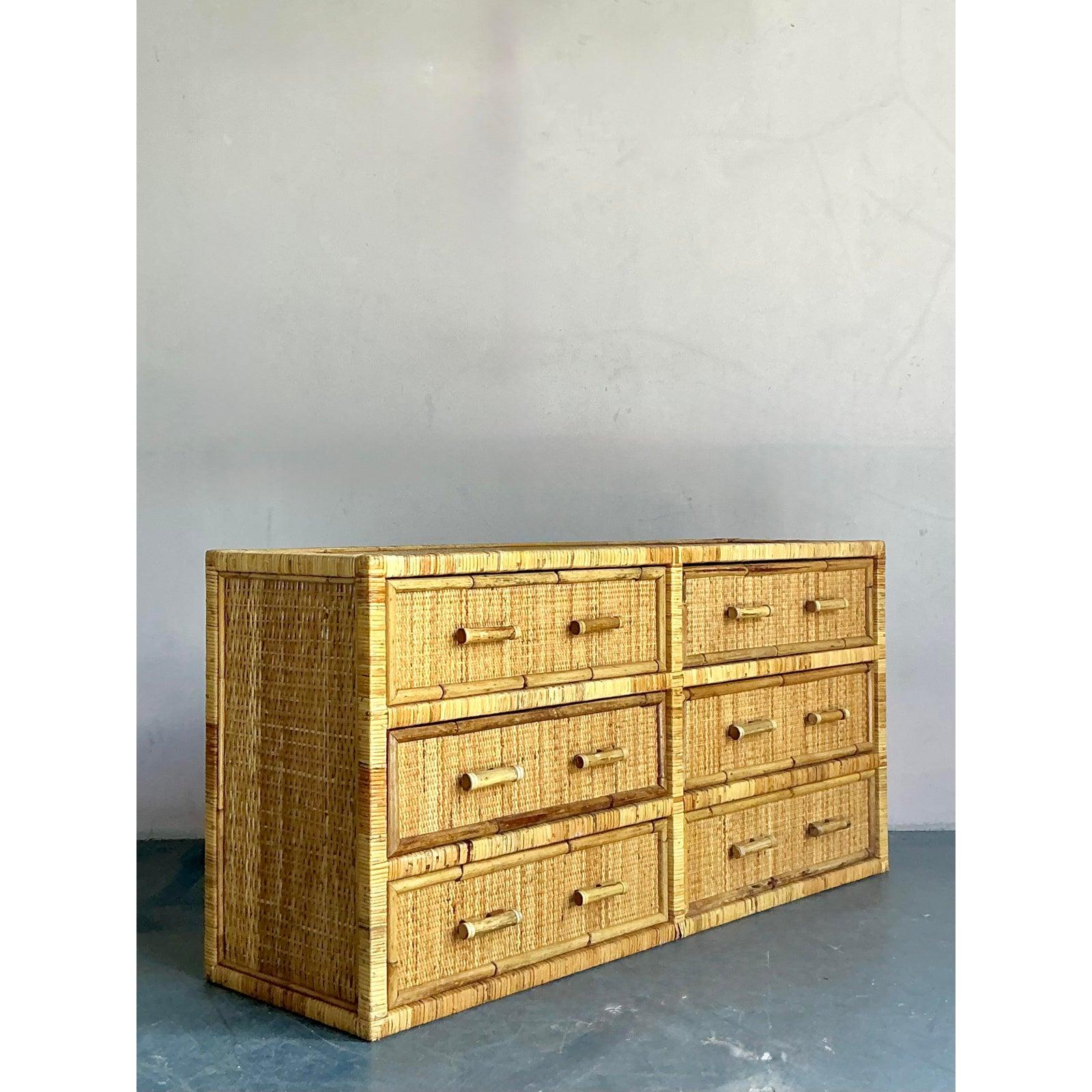 20th Century Vintage Boho Woven Rattan Six Drawer Dresser For Sale