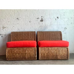 Vintage Boho gewebt Rattan Slipper Stühle - ein Paar