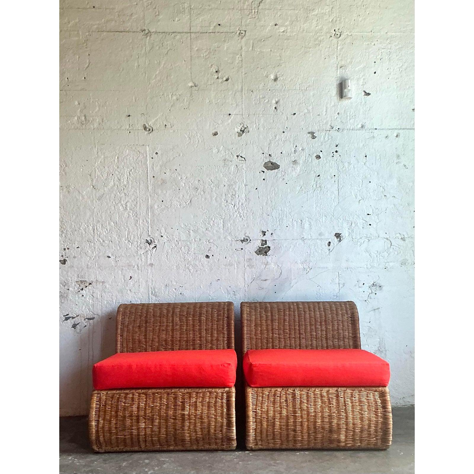 Organic Modern Vintage Boho Woven Rattan Slipper Chairs - A Pair For Sale