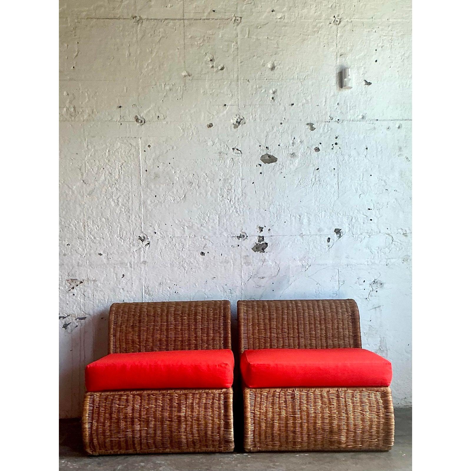 Vintage Boho Woven Rattan Slipper Chairs - A Pair In Good Condition For Sale In West Palm Beach, FL