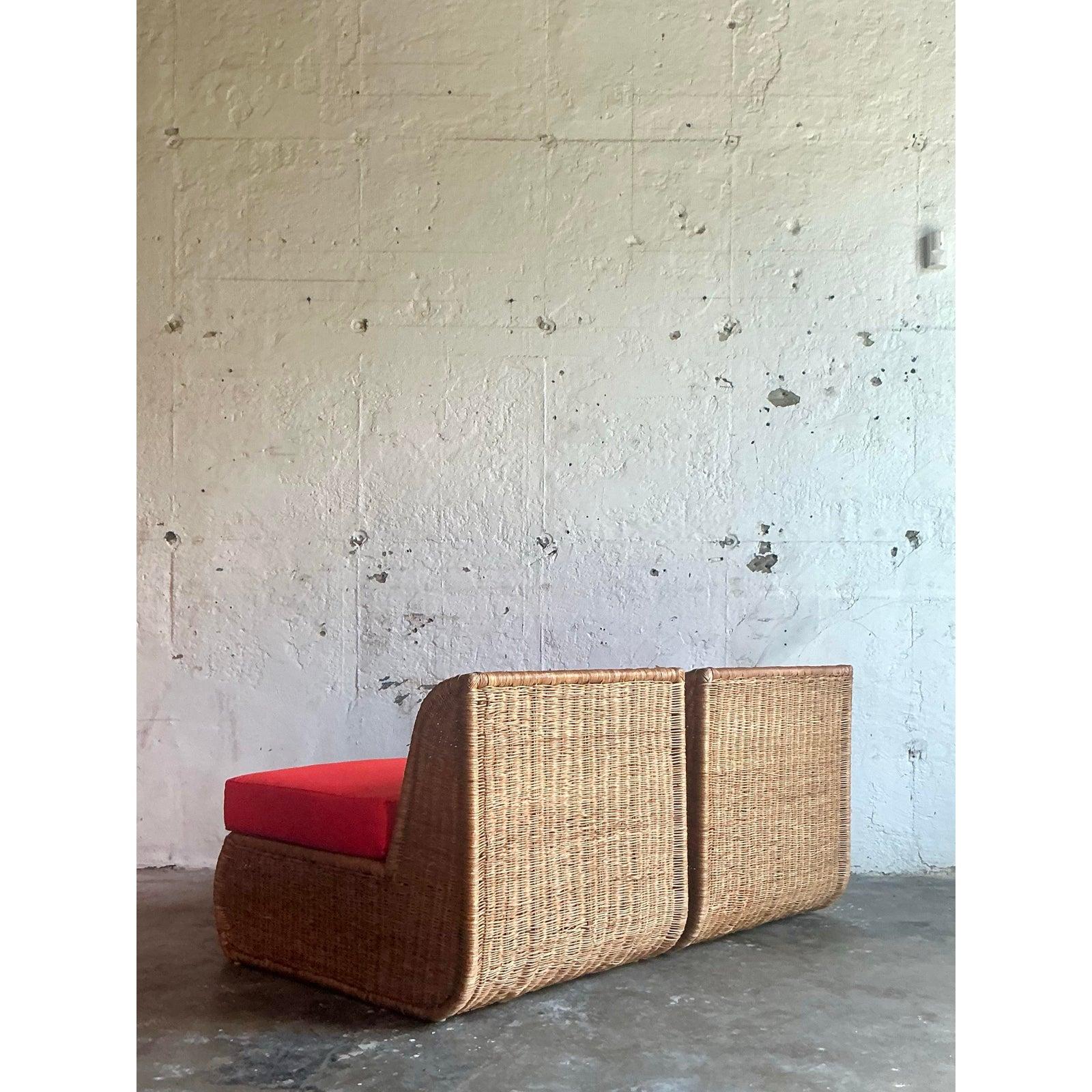 20th Century Vintage Boho Woven Rattan Slipper Chairs - A Pair For Sale
