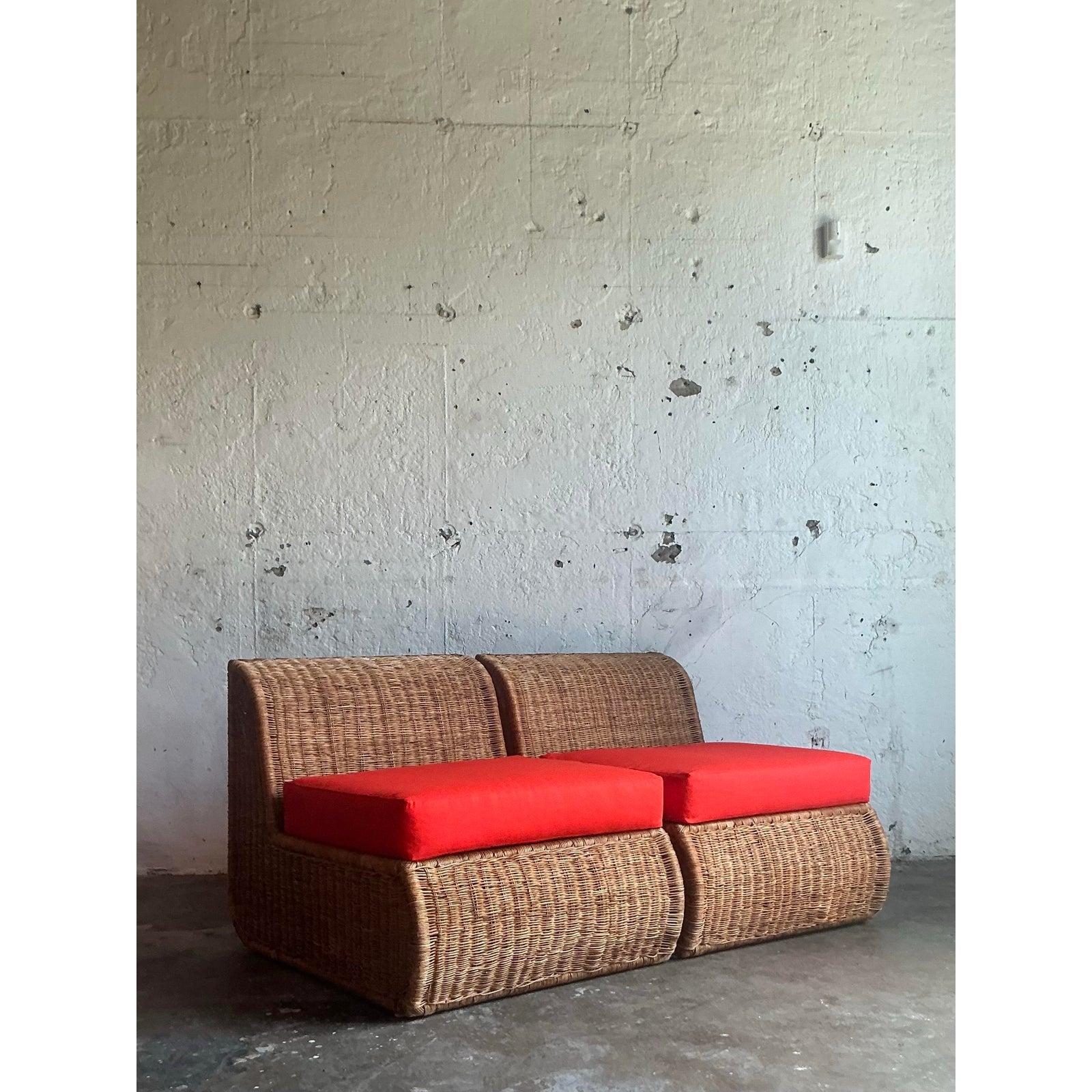 Vintage Boho Woven Rattan Slipper Chairs - A Pair For Sale 1
