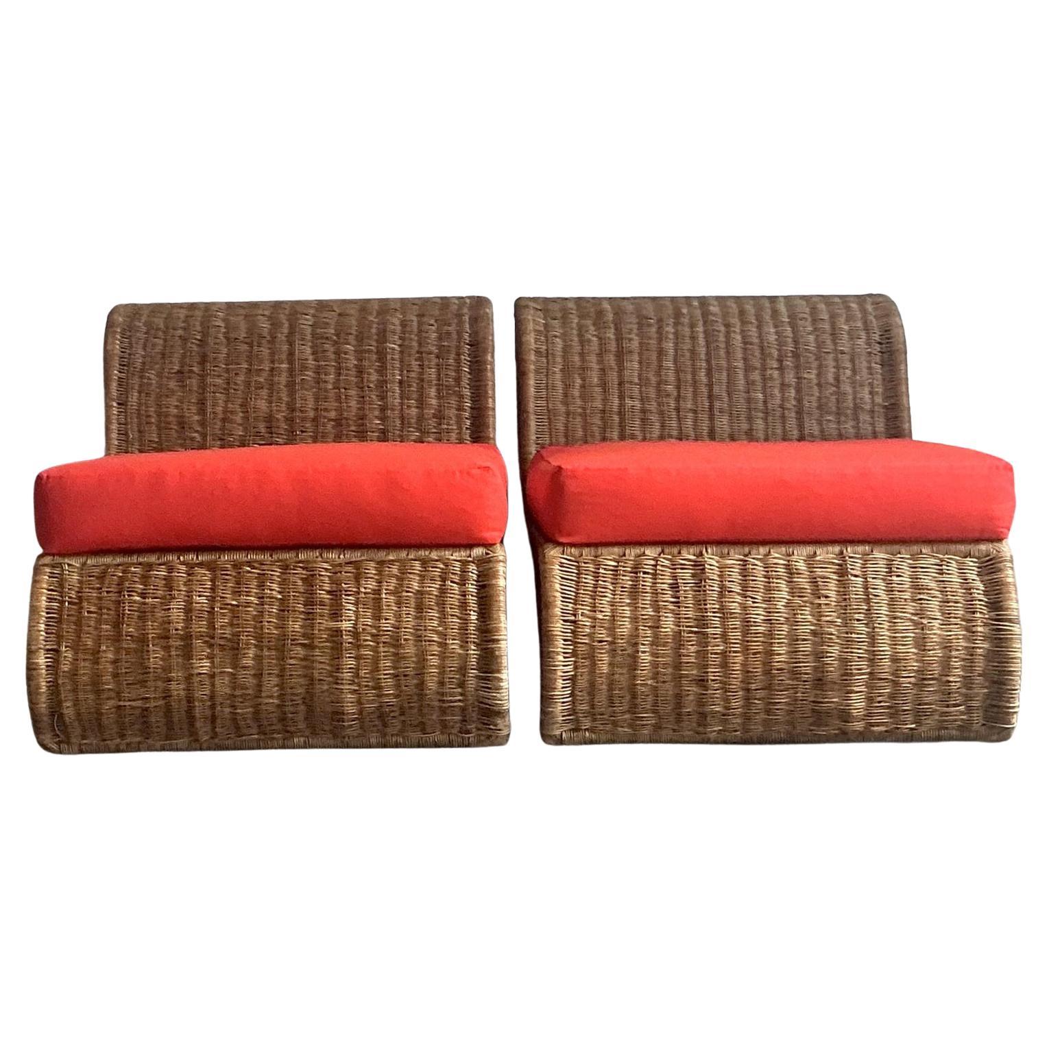 Vintage Boho Woven Rattan Slipper Chairs - A Pair For Sale