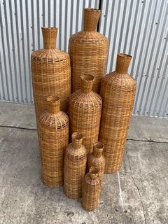 Vintage Boho Woven Rattan Stacking Floor Vase Accents, Set of 7