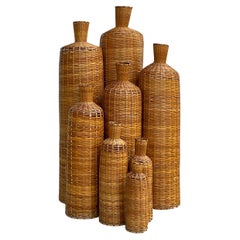 Vintage Boho Woven Rattan Stacking Floor Vase Accents, Set of 7