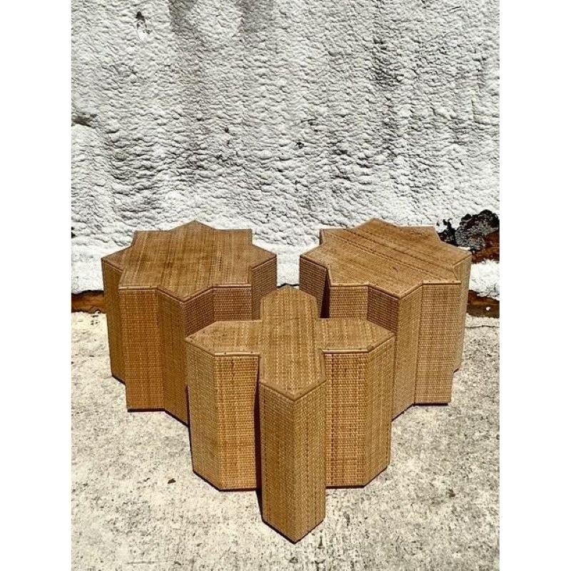 Descubre la cautivadora geometría de este excepcional conjunto de mesas vintage de ratán tejido. Una auténtica clase magistral de diseño moderno orgánico, este conjunto incluye tres piezas escultóricas -dos mesas de estrella de ocho puntas y una
