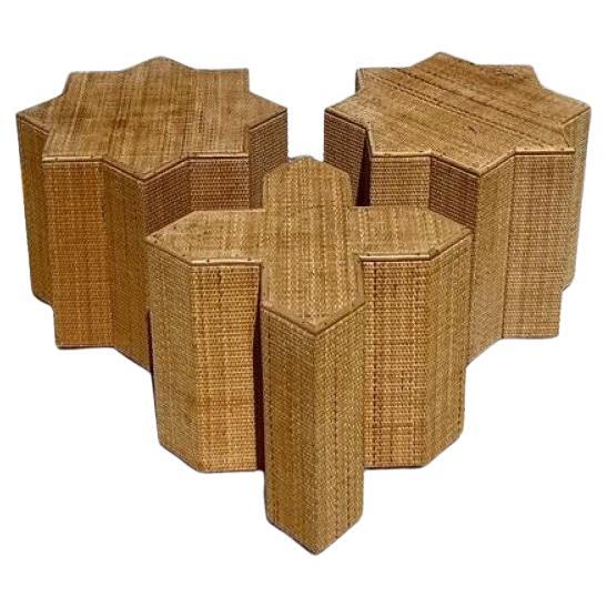 Mesas auxiliares Vintage Boho Woven Rattan Star - Set de 3 en venta