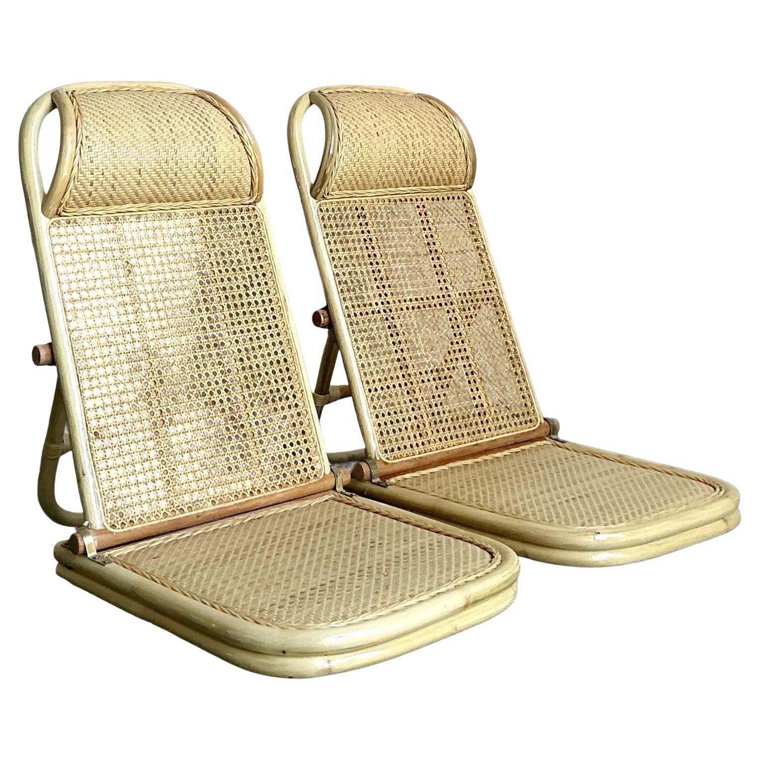Lettino da sole in rattan intrecciato vintage Boho - Una coppia in vendita