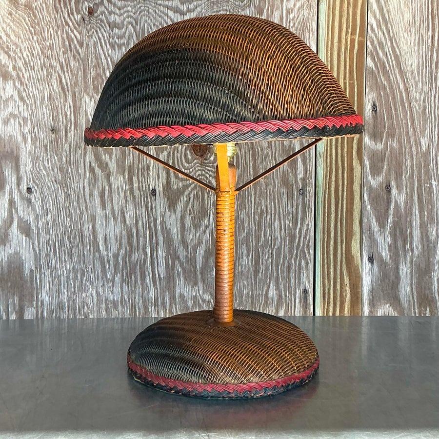 Vintage Boho Woven Rattan Table Lamp For Sale 4
