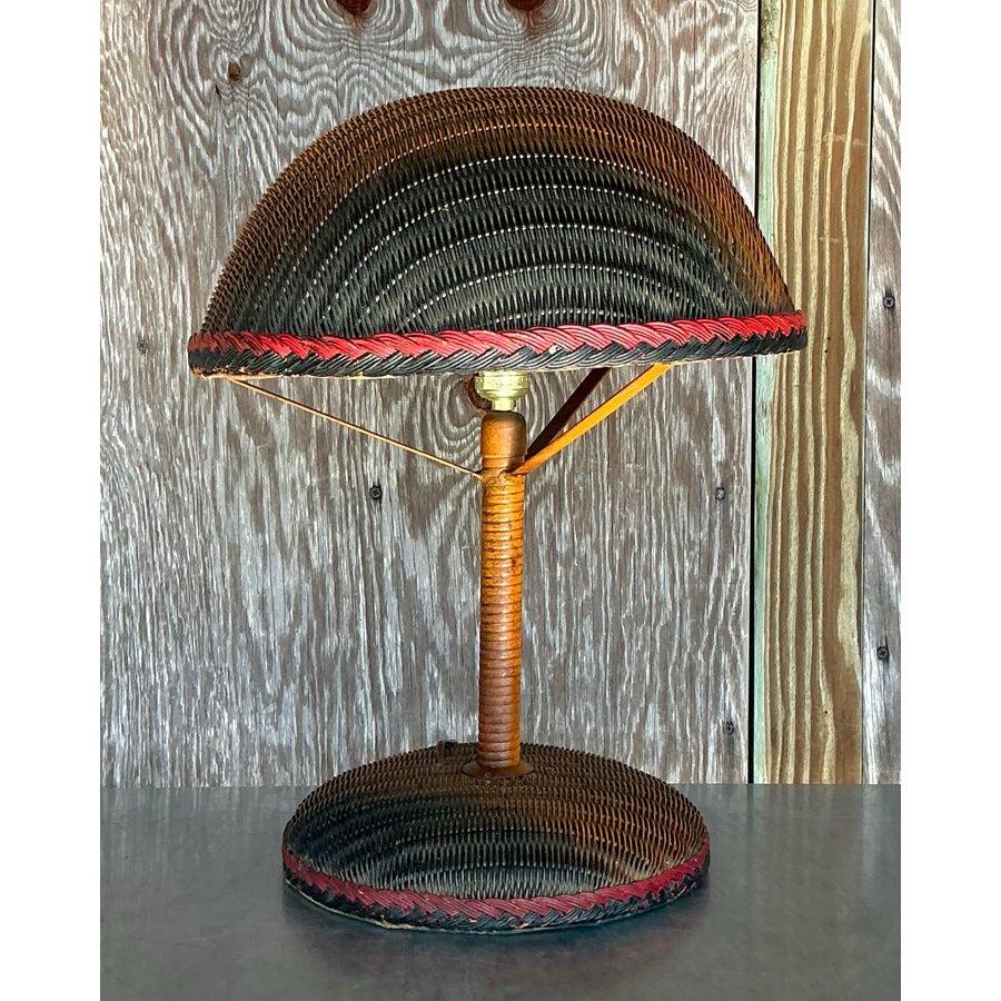 Philippine Vintage Boho Woven Rattan Table Lamp For Sale
