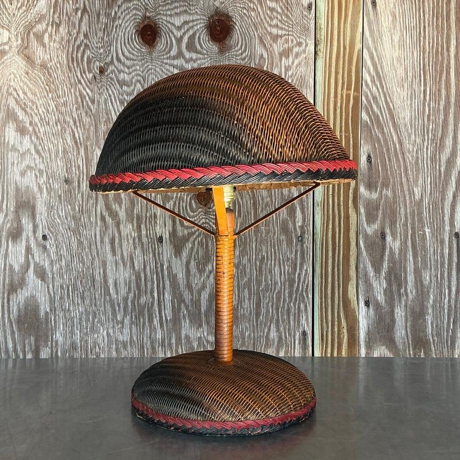 Vintage Boho Woven Rattan Table Lamp In Good Condition For Sale In west palm beach, FL