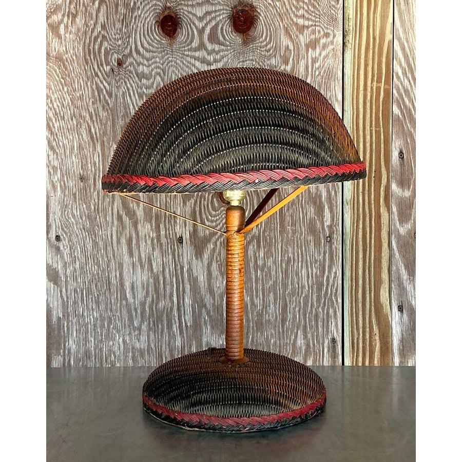 Metal Vintage Boho Woven Rattan Table Lamp For Sale