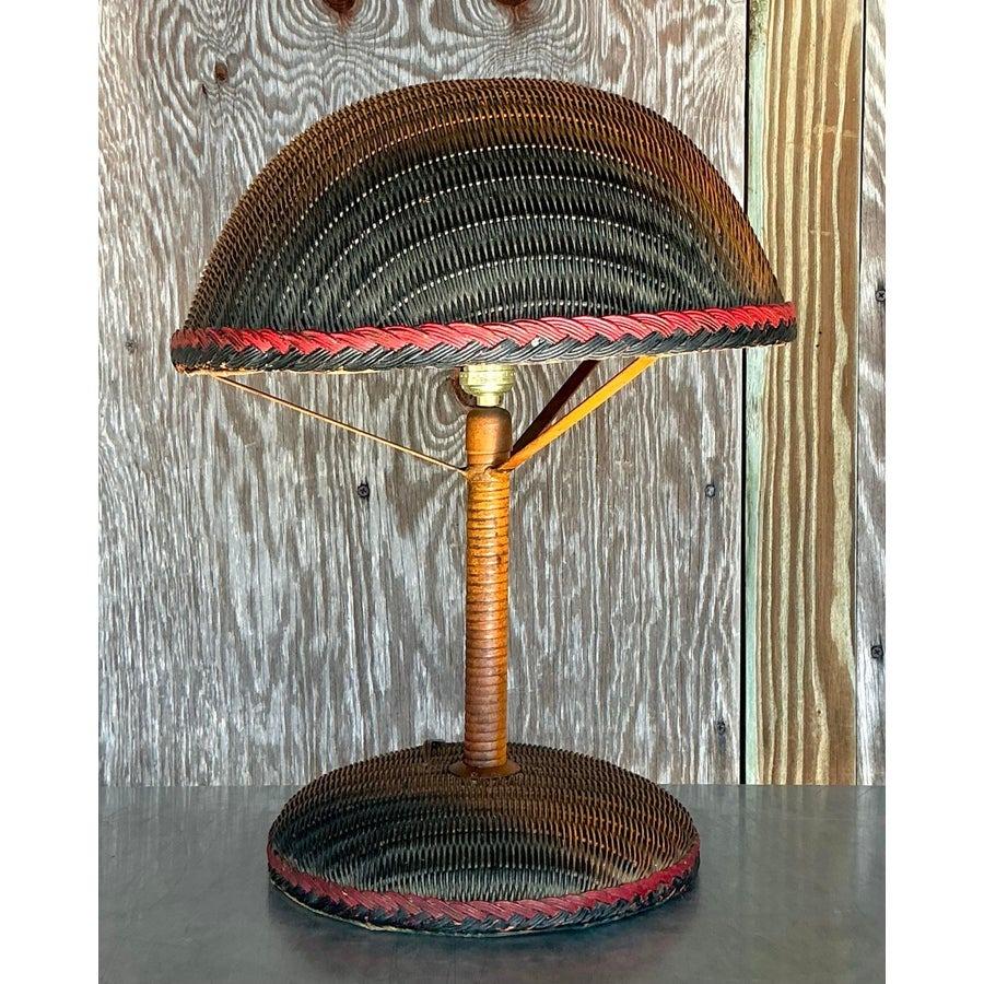 Vintage Boho Woven Rattan Table Lamp For Sale 1