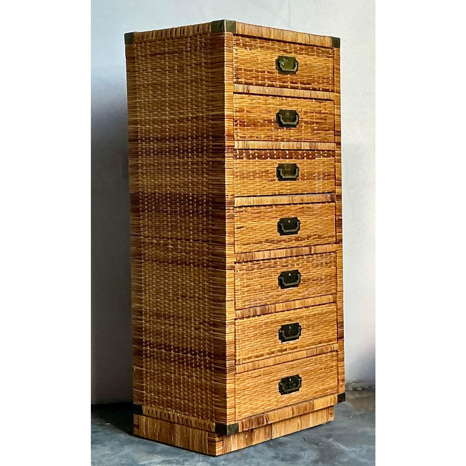 Campaign Vintage Boho Woven Rattan Tall Chest For Sale