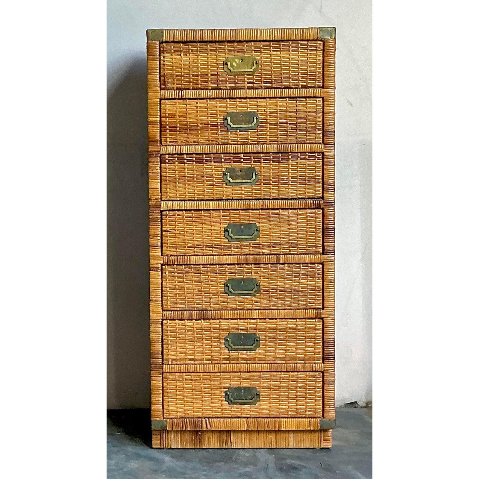 Philippine Vintage Boho Woven Rattan Tall Chest For Sale