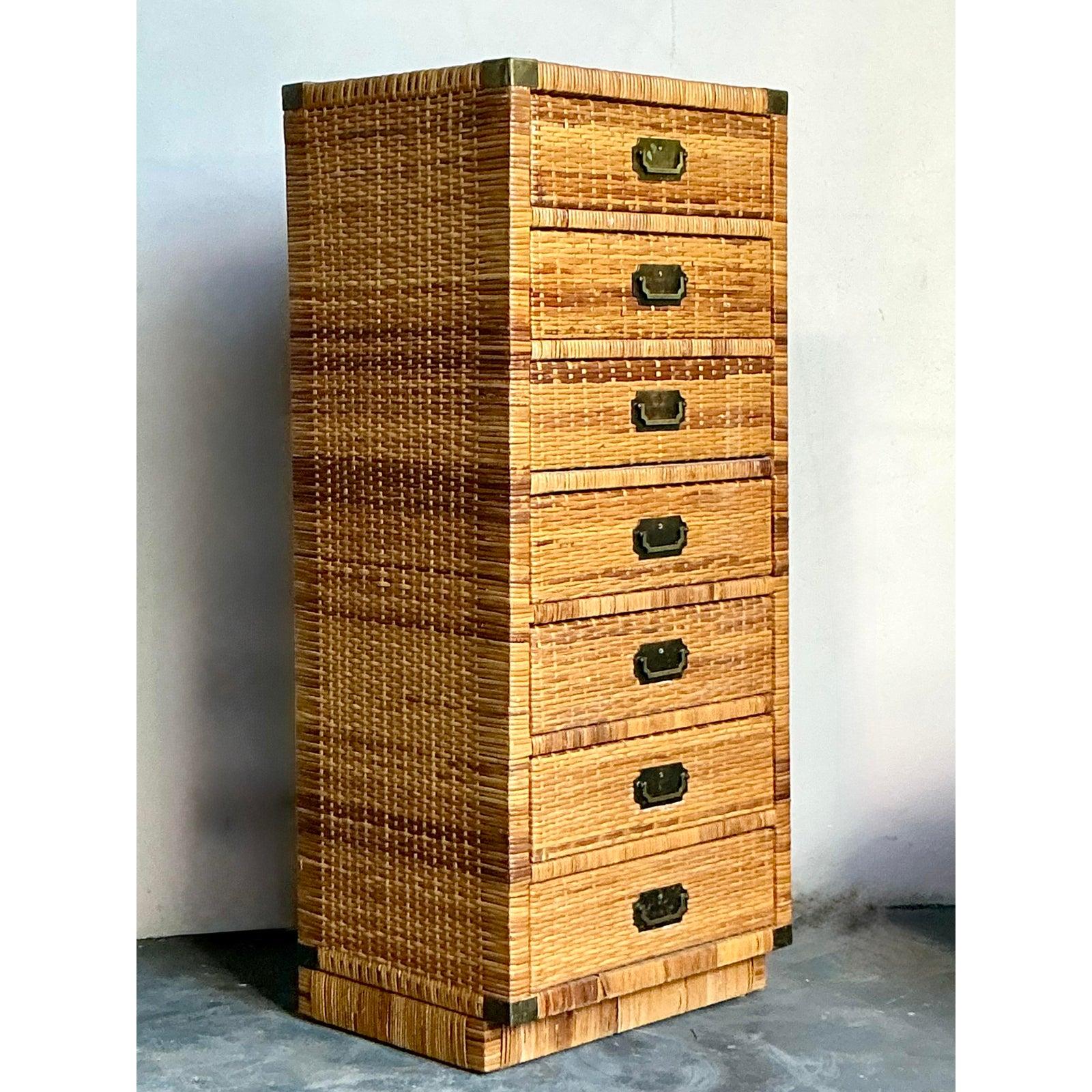 Vintage Boho Woven Rattan Tall Chest In Good Condition For Sale In West Palm Beach, FL