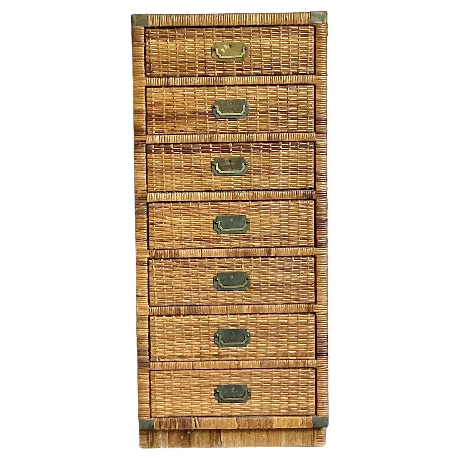 Vintage Boho Woven Rattan Tall Chest For Sale