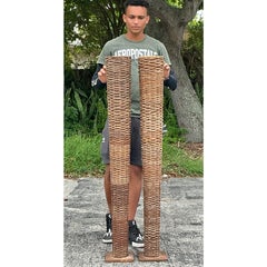 Vintage Boho Woven Rattan Tall Floor Vases - A Pair