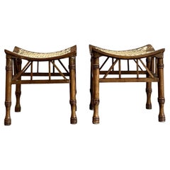 Vintage Boho Woven Rattan Thebes Stools - A Pair