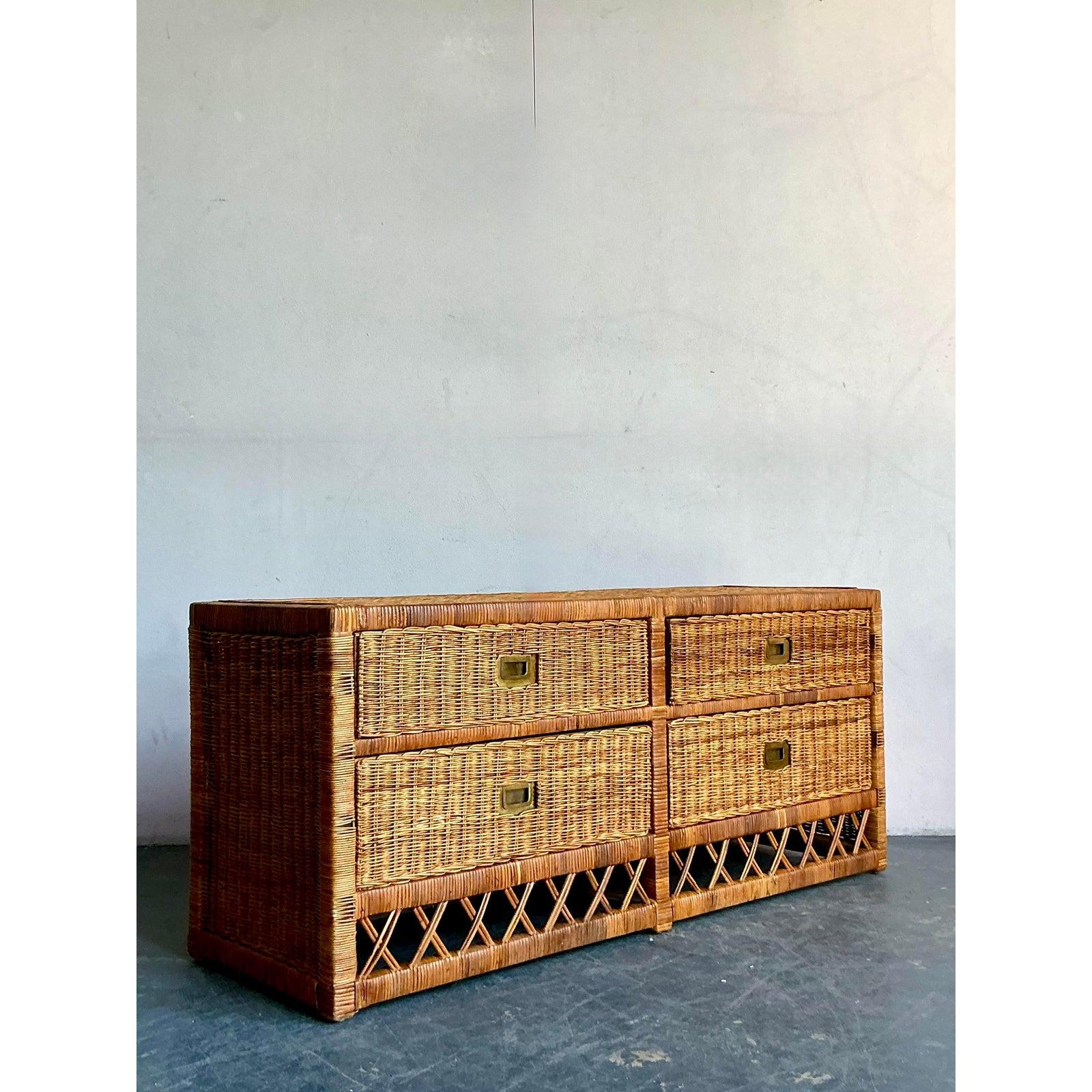 Campaign Vintage Boho Woven Rattan Trellis Low Credenza For Sale