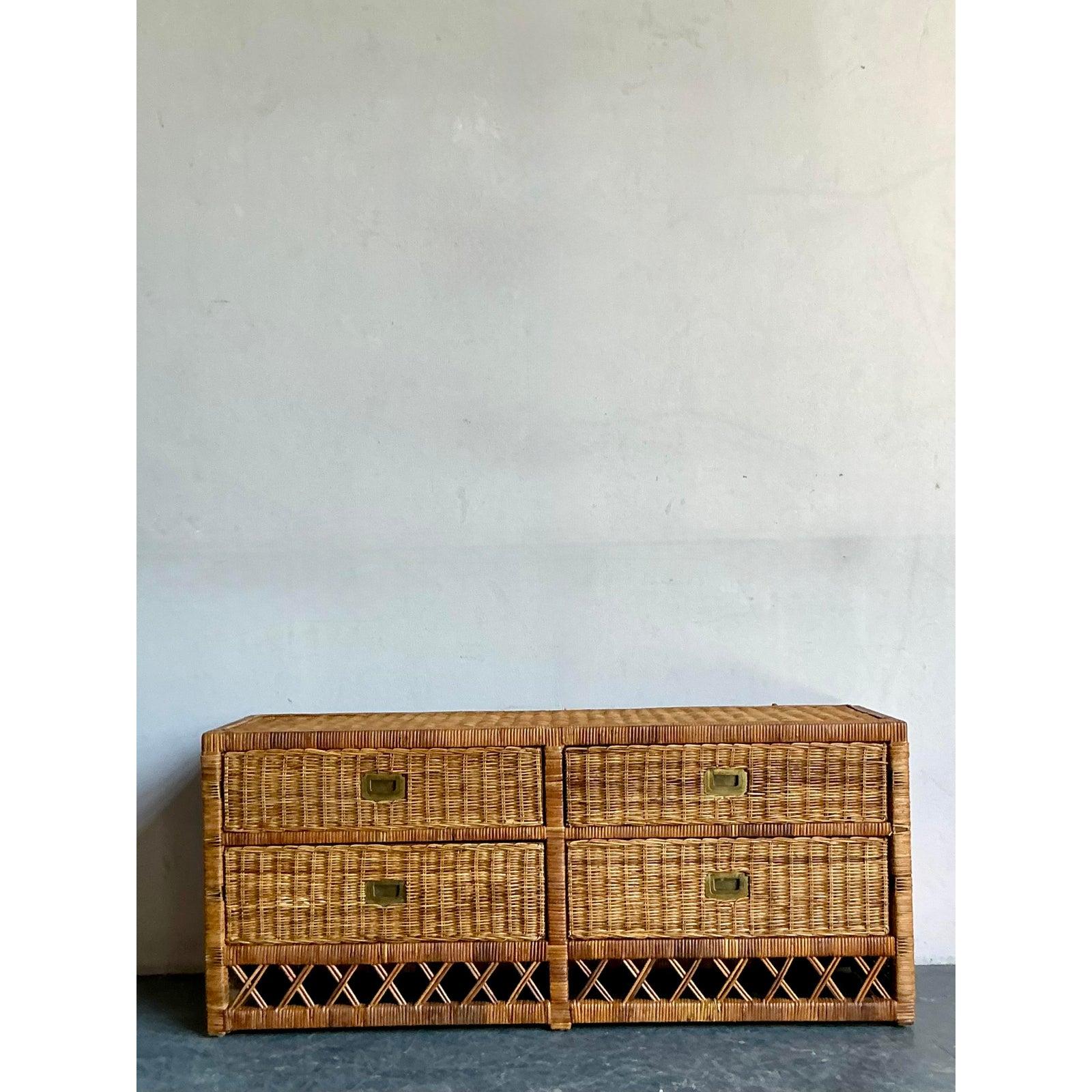 Philippine Vintage Boho Woven Rattan Trellis Low Credenza For Sale