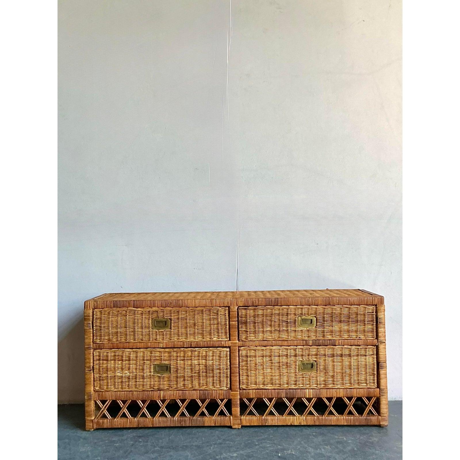 Vintage Boho Woven Rattan Trellis Low Credenza In Good Condition For Sale In West Palm Beach, FL