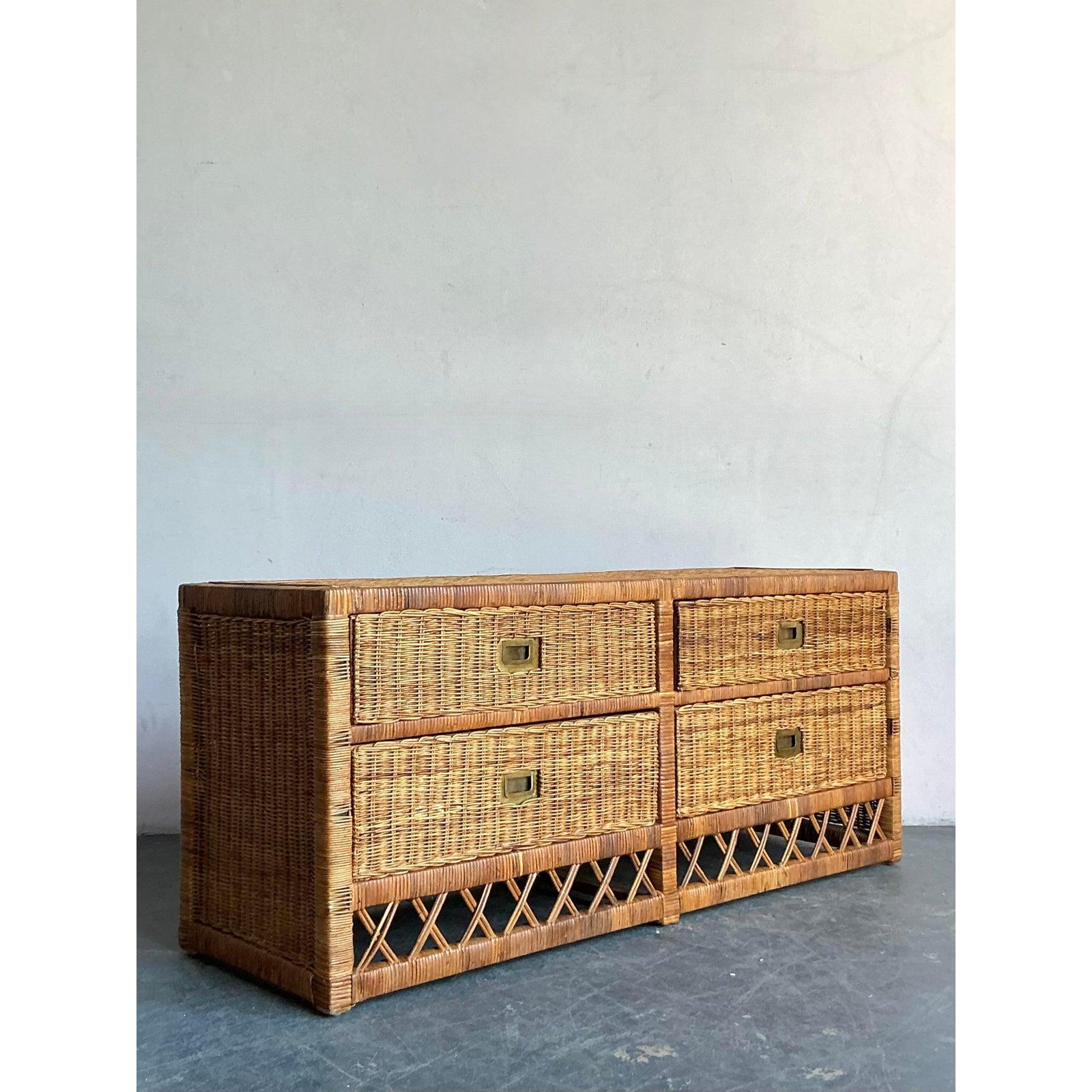 20th Century Vintage Boho Woven Rattan Trellis Low Credenza For Sale