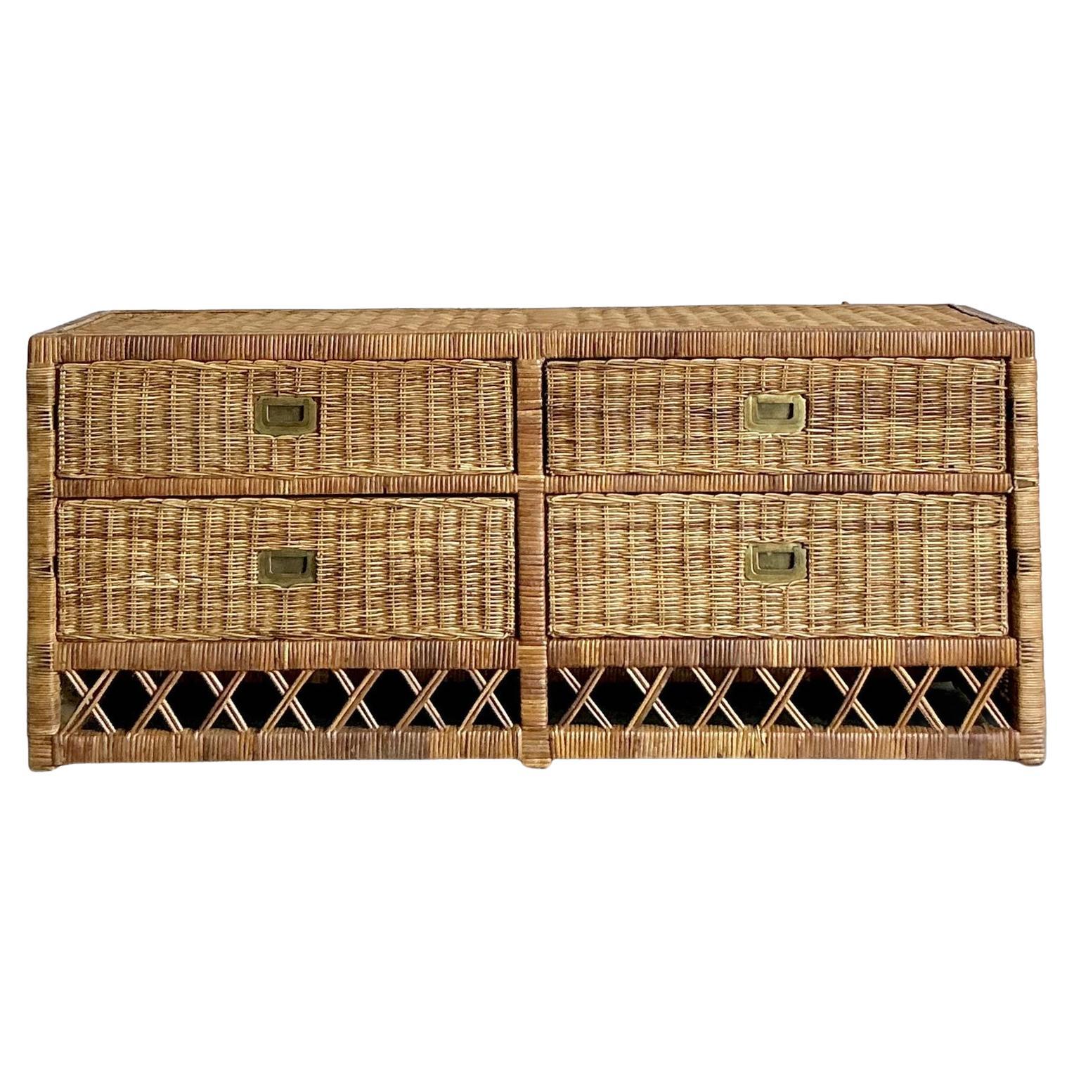 Vintage Boho Woven Rattan Trellis Low Credenza