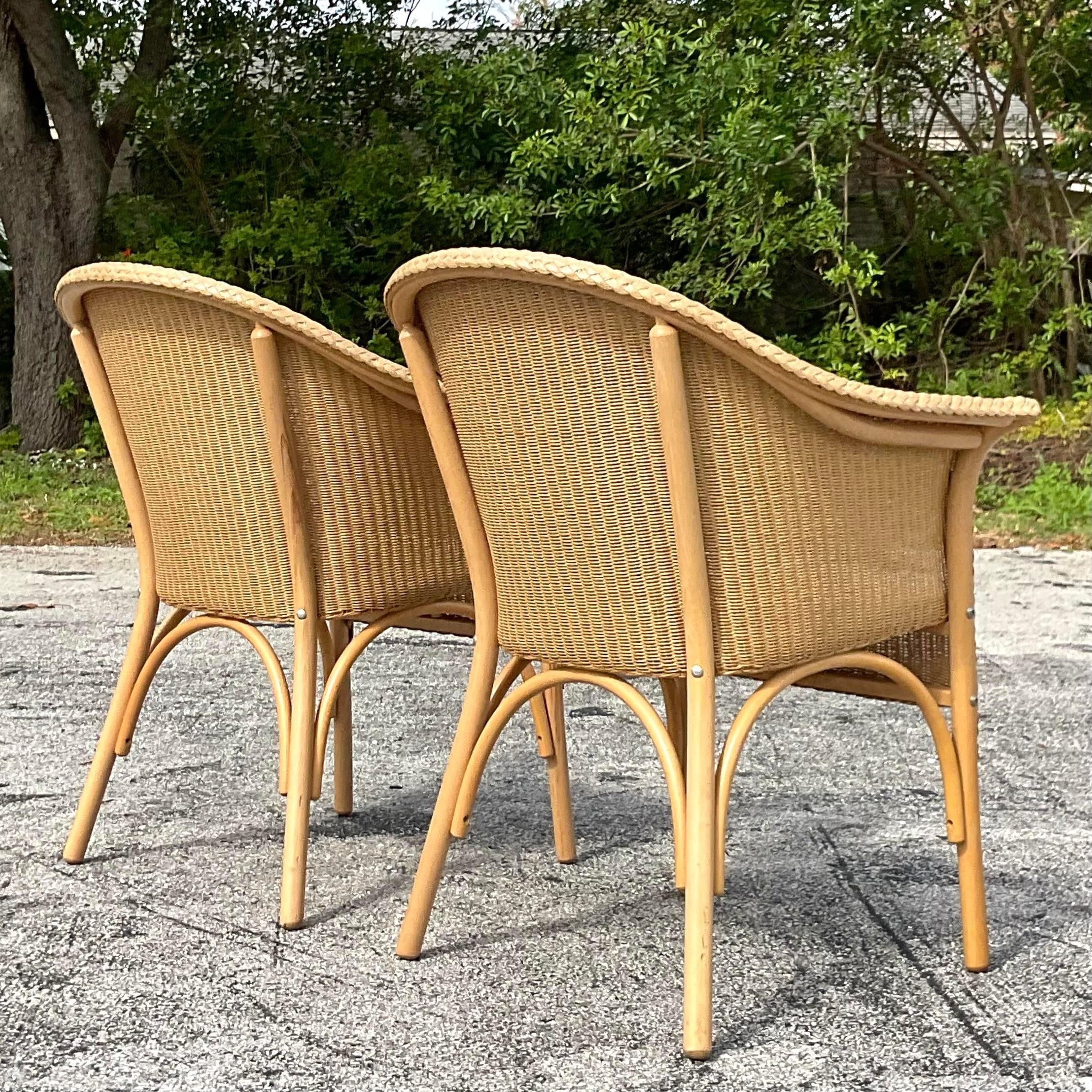 Vintage Boho Woven Rattan Tub Chairs After Lloyd and Loom - a Pair In Good Condition For Sale In west palm beach, FL