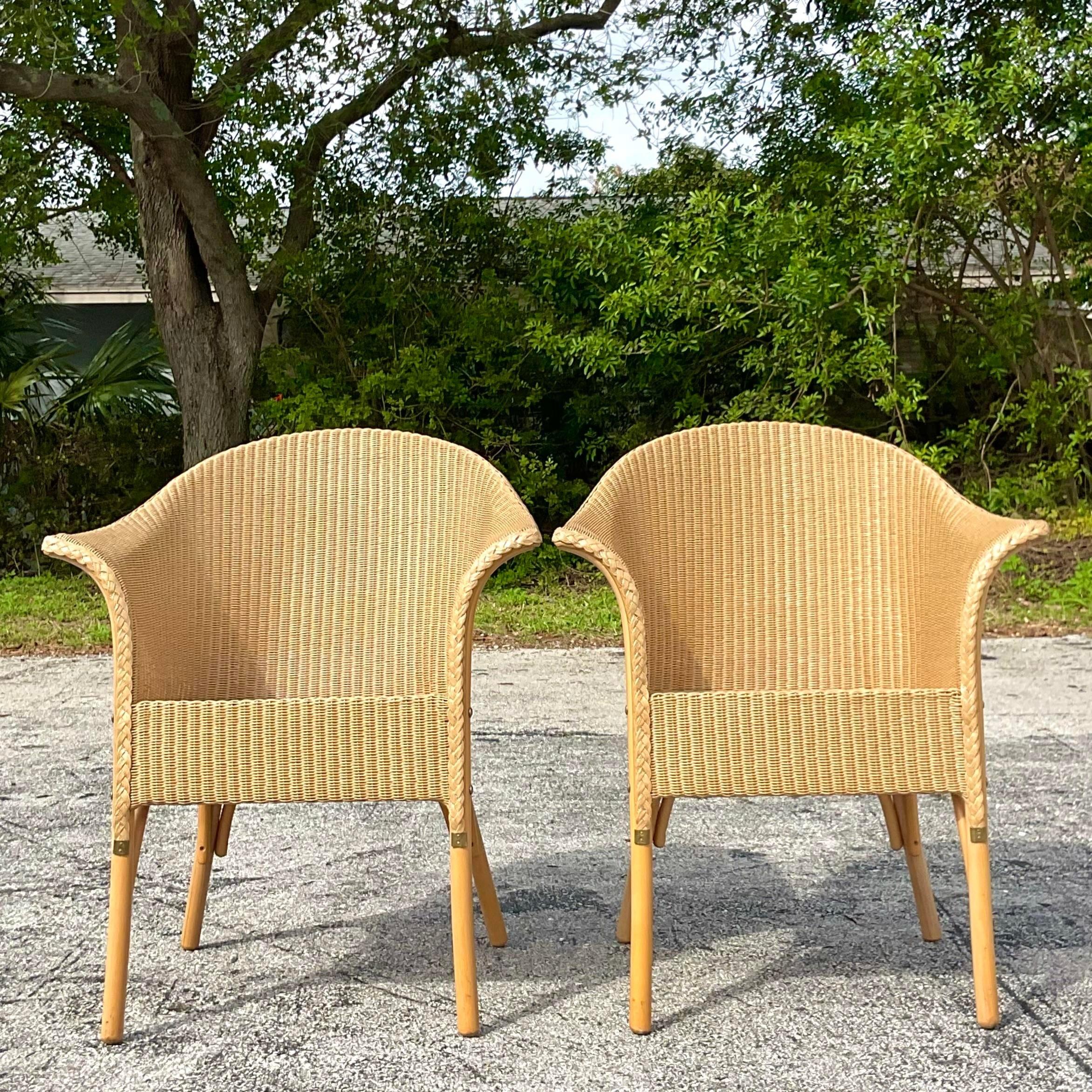 20th Century Vintage Boho Woven Rattan Tub Chairs After Lloyd and Loom - a Pair For Sale