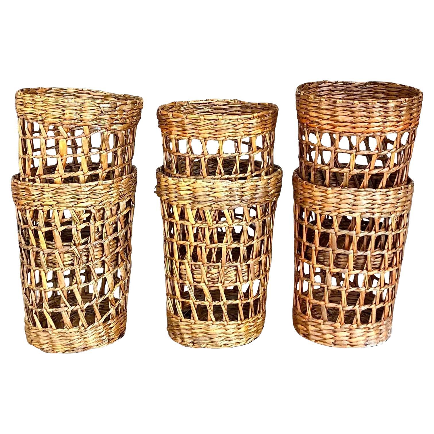 Vintage Boho Fundas de Vaso de Ratán Tejido - Set de 6