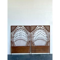 Vintage Boho Woven Rattan Twin Headboards - A Pair