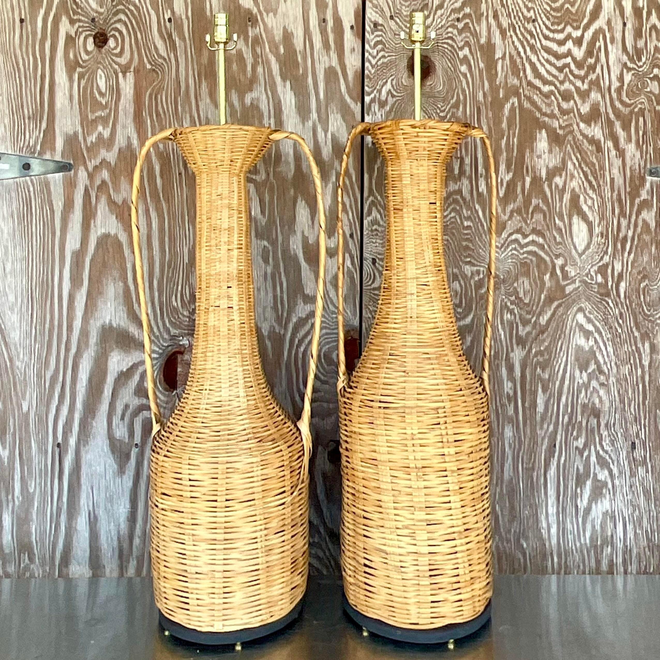 Philippine Vintage Boho Woven Rattan Urn Lamps - Set of 2 For Sale