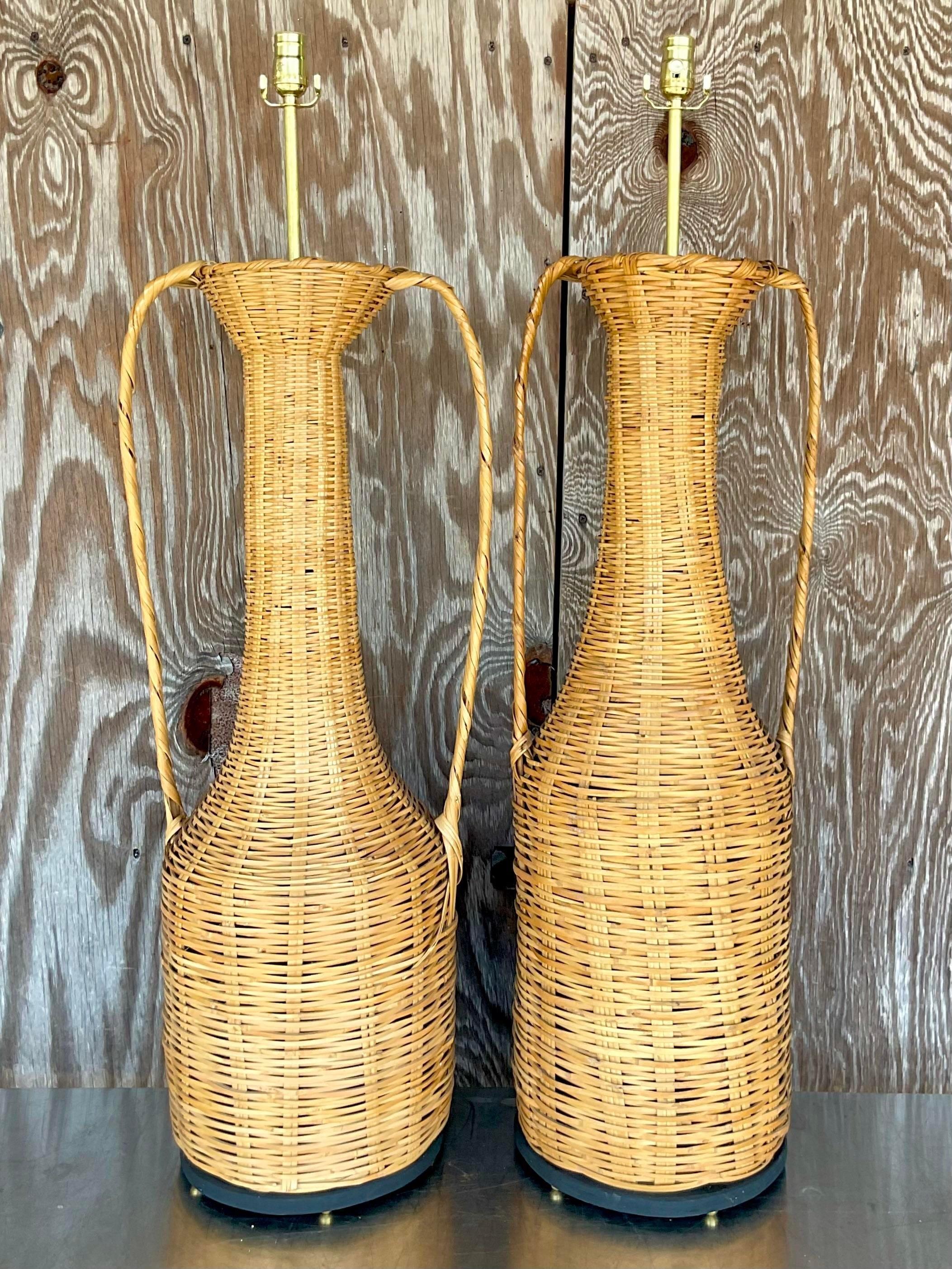 Vintage Boho Woven Rattan Urn Lamps - Set of 2 In Good Condition For Sale In west palm beach, FL