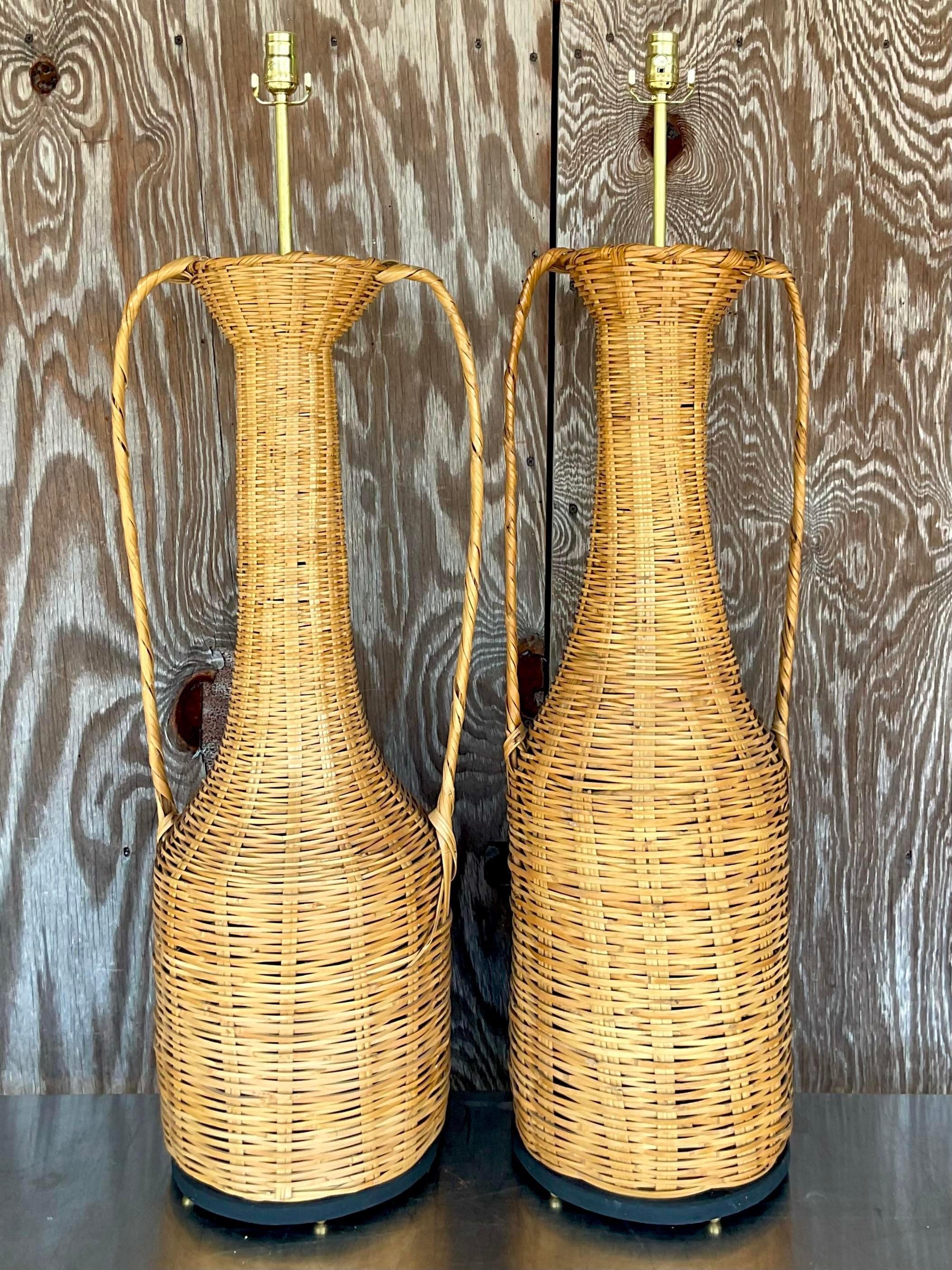 Brass Vintage Boho Woven Rattan Urn Lamps - Set of 2 For Sale