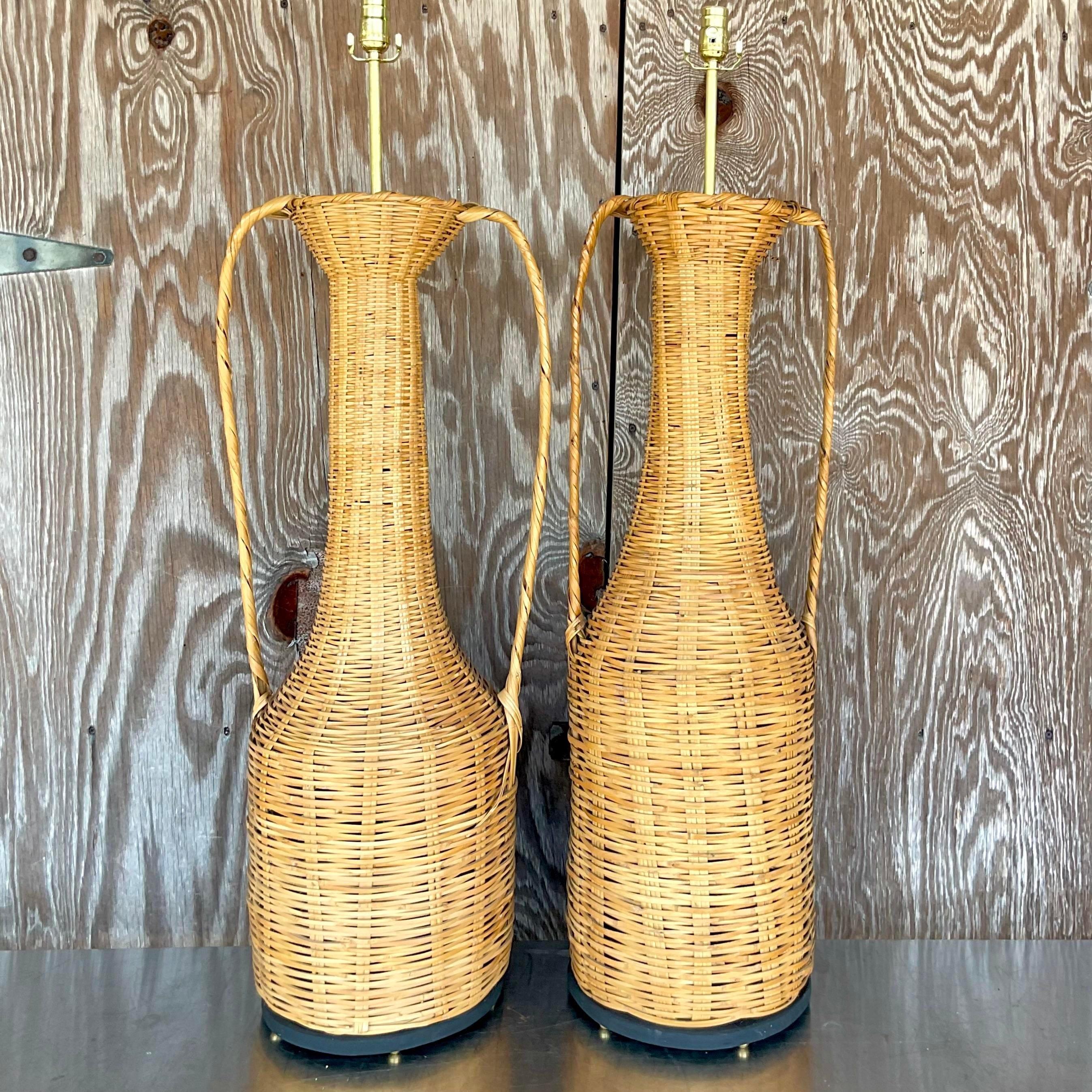 Vintage Boho Woven Rattan Urn Lamps - Set of 2 For Sale 1