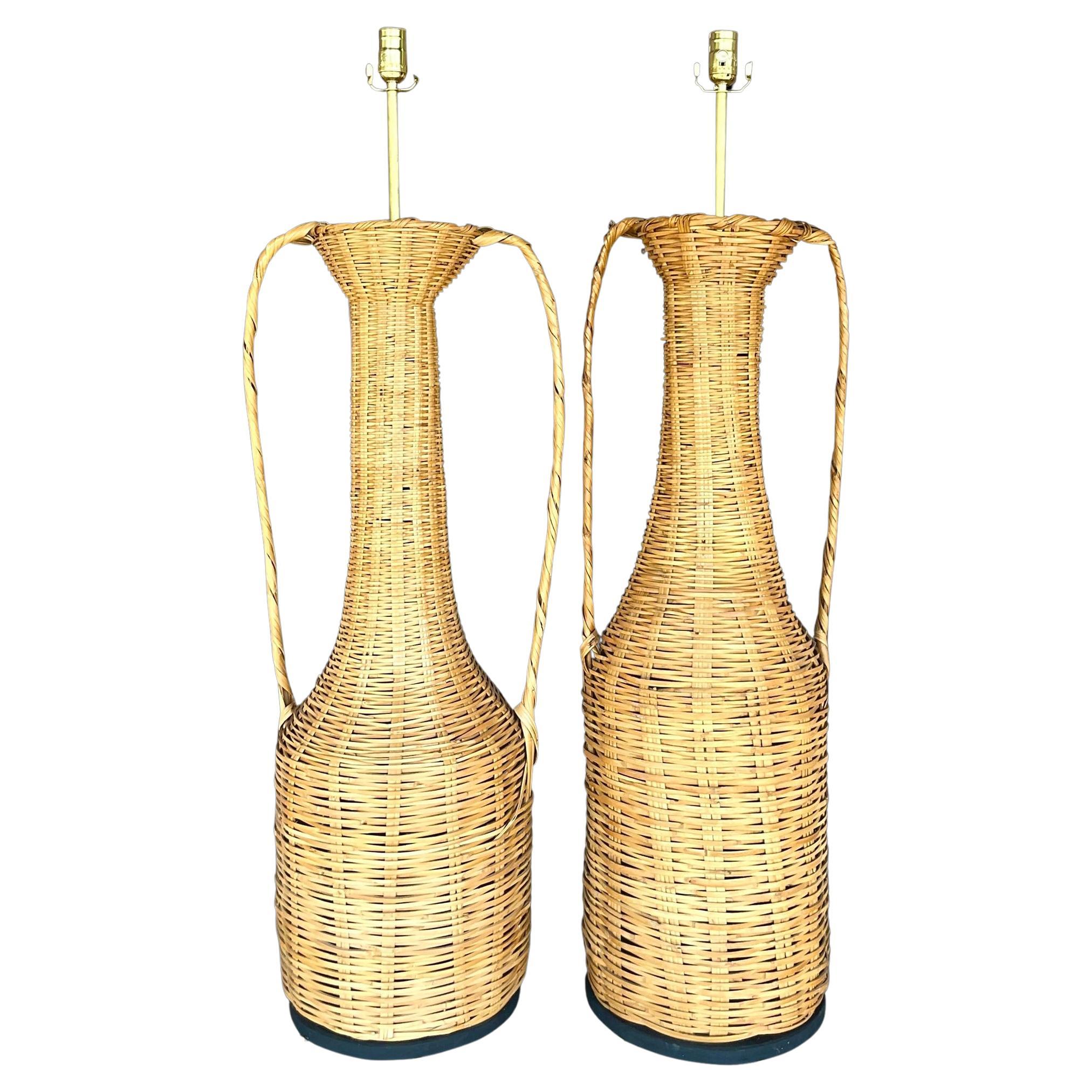 Vintage Boho Woven Rattan Urn Lamps - Set of 2 For Sale