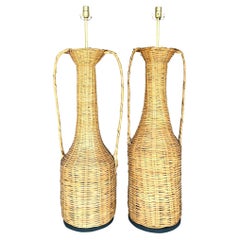 Vintage Boho Woven Rattan Urn Lamps - Set of 2